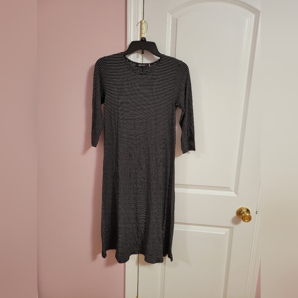 Womens Zoya Black & White Striped 3/4 Sleeve Midi Tunic Dress- S- Summer, Casual